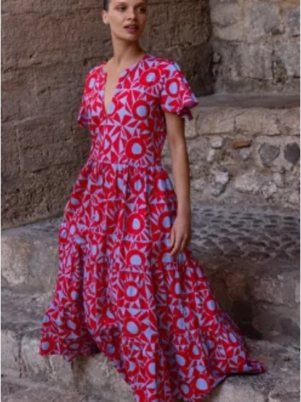 NWT Oliphant V-Neck Eclipse Red & Light Blue Geometric Maxi Dress XL